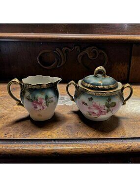 Vintage Z.S. & Co. Bavaria Mignon Creamer & Sugar Bowl With Lid Pink Rose Floral